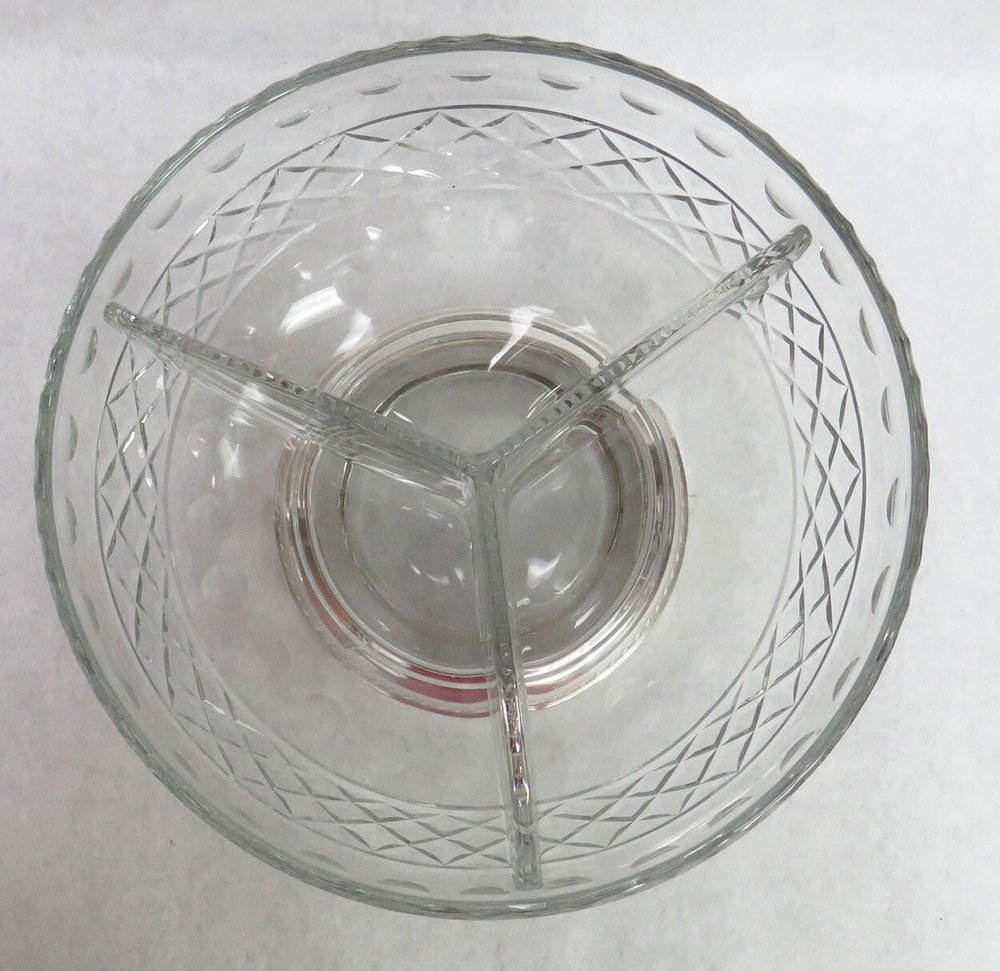 LARGE CRYSTAL & STERLING SILVER 3 SECTION SIDE ENTREE / SAUCE SERVING BOWL
