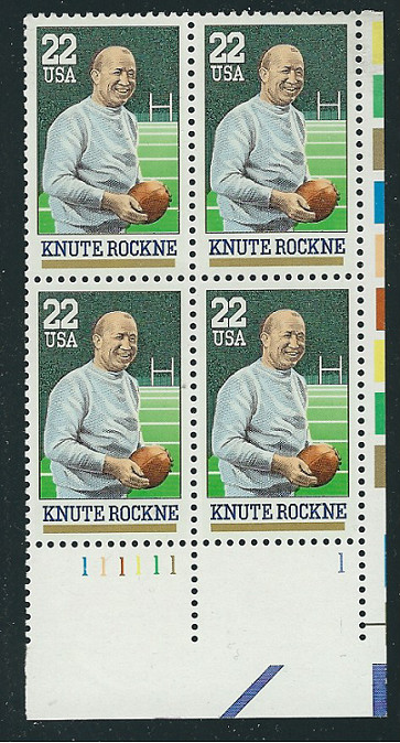 Scott # 2376...22 Cent...Knute Rochne...Plate Block