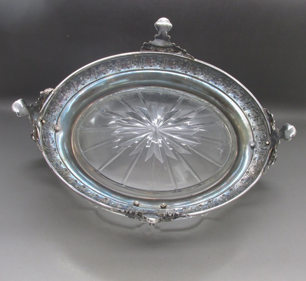 ANTIQUE LARGE SOLID SILVER & ETCHED GLASS TABLE CENTER PIECE 30CM 830g c1880