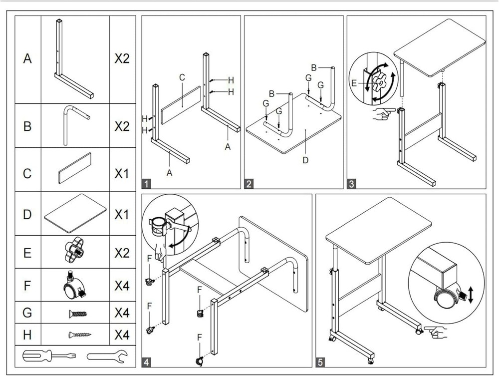 Rolling Laptop Table Height Adjustable Stand Up Desk Bedside Computer Bed Table