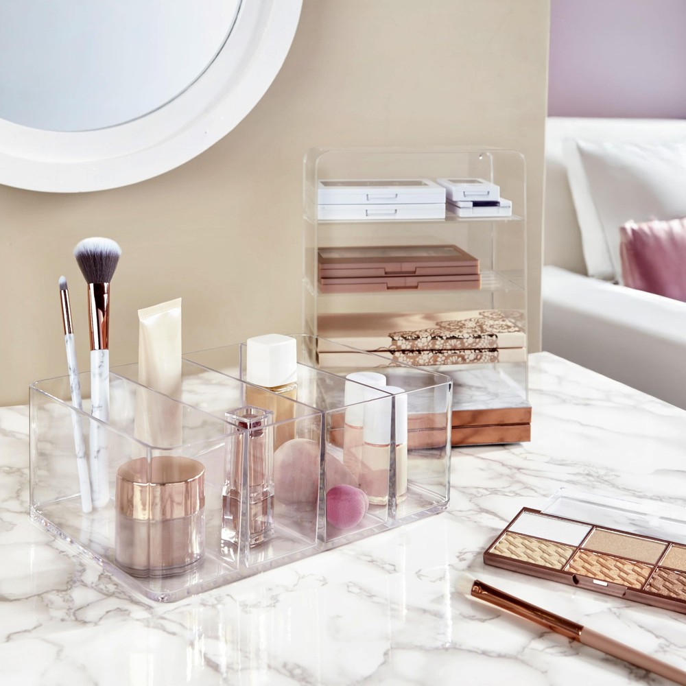 STORi 4-Compartment Clear Plastic Organizer, Rectangular Divided Makeup and V...