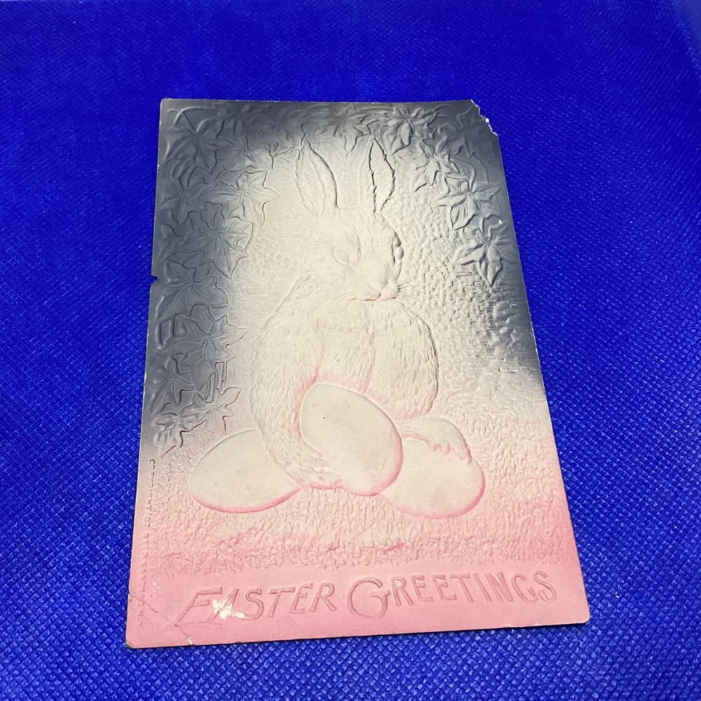 Antique Easter Greeting Card - Embossed Rabbit with eggs