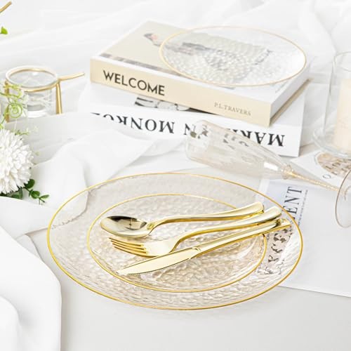 100PCS Clear Plastic Plates with Gold Rim, Includes 50pcs Dinner Clear-100pcs