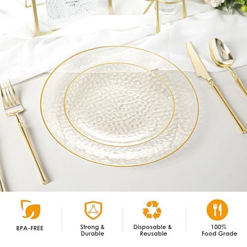100PCS Clear Plastic Plates with Gold Rim, Includes 50pcs Dinner Clear-100pcs