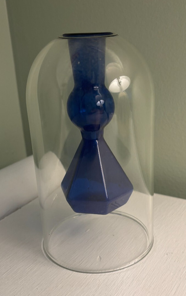 Bud vase? Blue glass inside clear dome