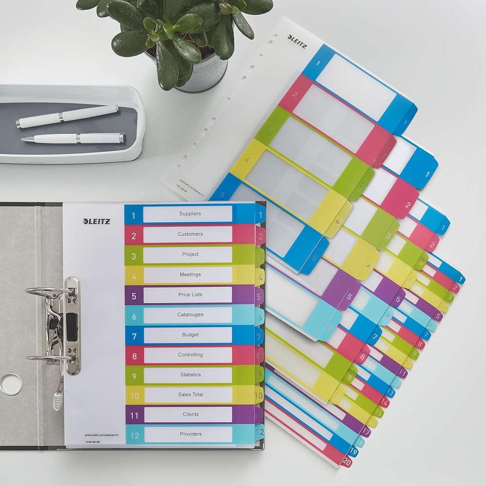 Leitz 1-20 Index, A4, PC Printable, Heavy Duty Plastic, Extra Wide, White/Multi-