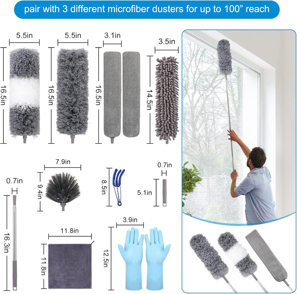 Microfiber Extendable Feather Duster (11pcs) with 100" Extension Pole, Washab...