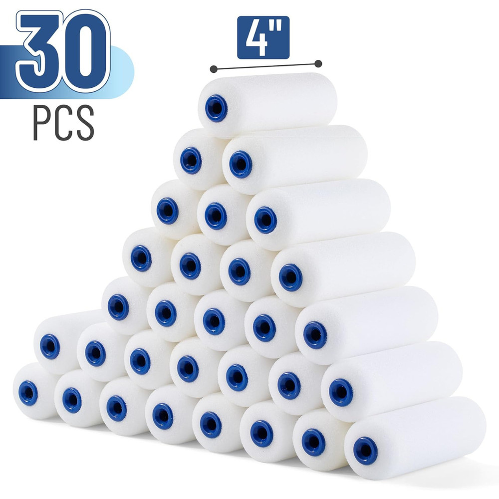 Bates Foam Paint Roller Covers 4" - 30 Pack, High Density Quality Rollers