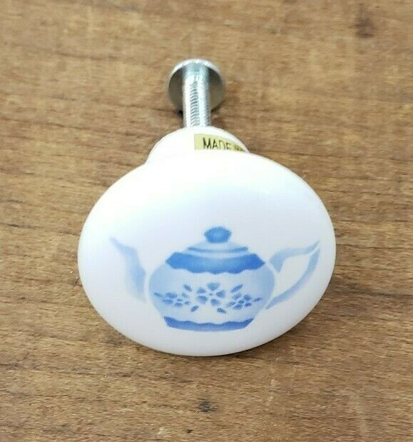 White Ceramic Blue Tea Kettle Drawer Cabinet Knobs / A-26