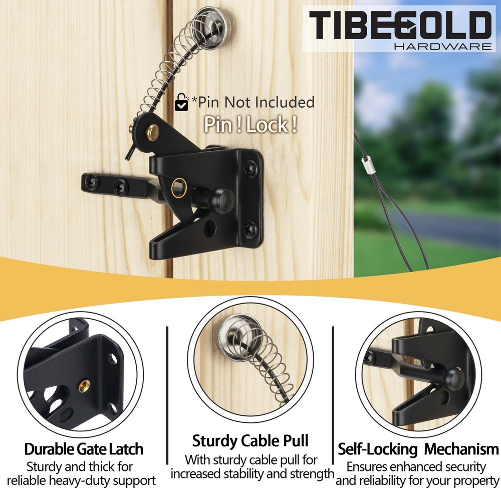 TIBEGOLD Self Locking Gate Latch with Spring Cable Pull, Black Gravity Lever...