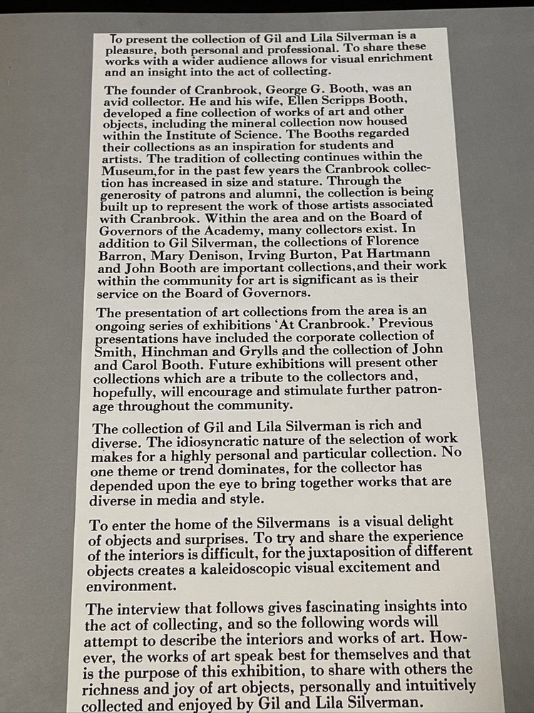 Gilbert Lila Silverman Collection Cranbrook Exhibit Catalog 1981