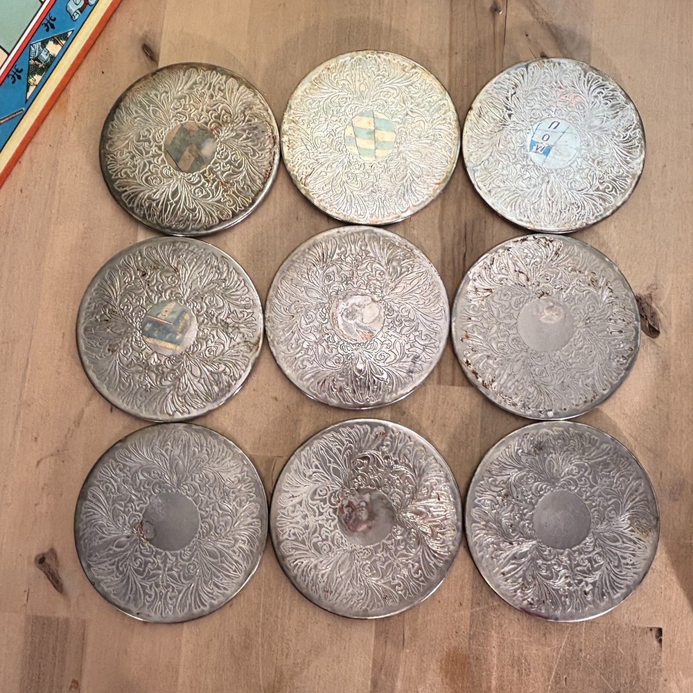 Set 9 Silverplate Coasters, Embossed Floral Pattern, Vintage, 3.5"dia