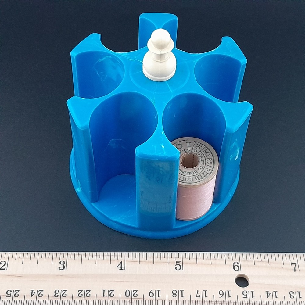 Vintage Marbled Blue Plastic Rotating Thread Spool Carousel Caddy Holder