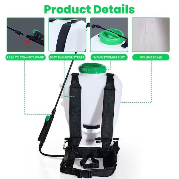 4-Gallon Backpack Sprayer Pump Pressure Adjustable Nozzle Padded Strap
