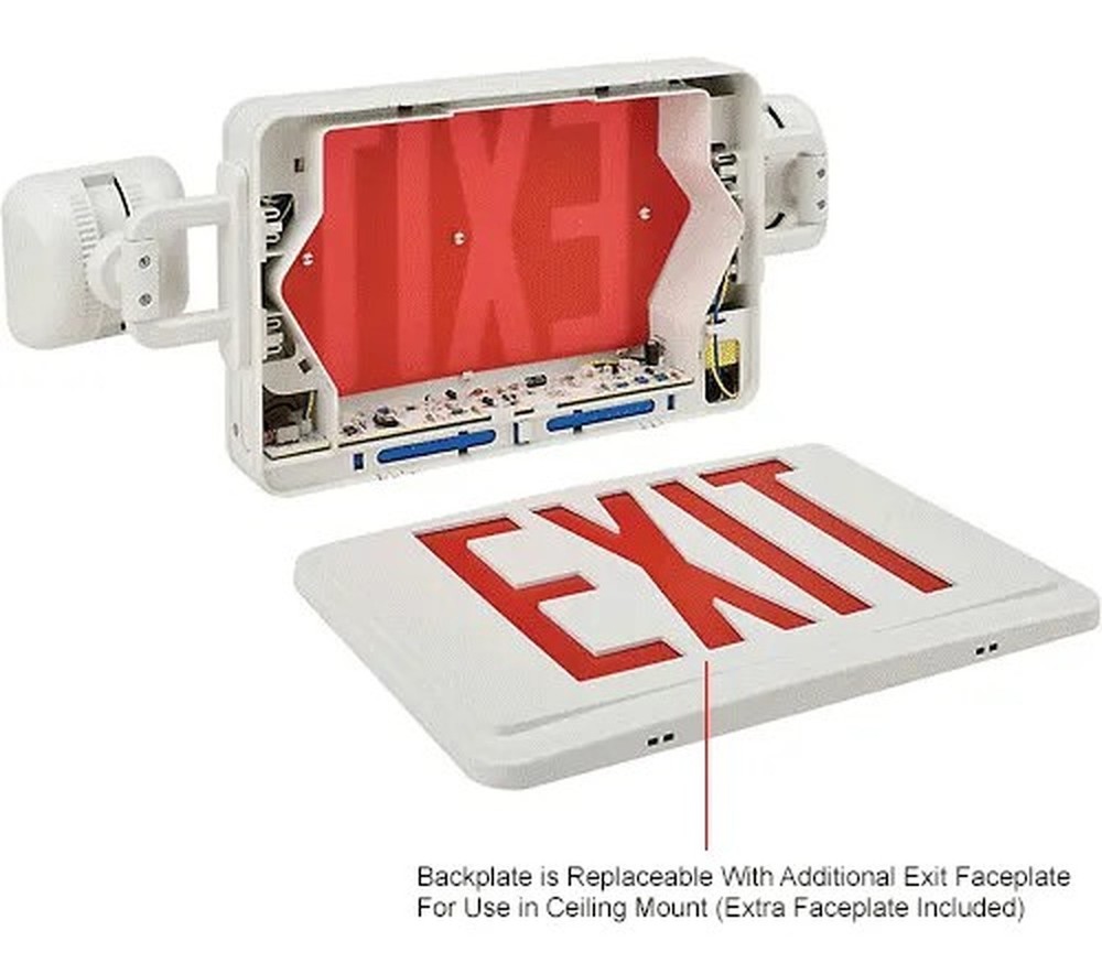 Combo LED Emergency Exit Sign, Red Letters, Ceiling & Wall Mount