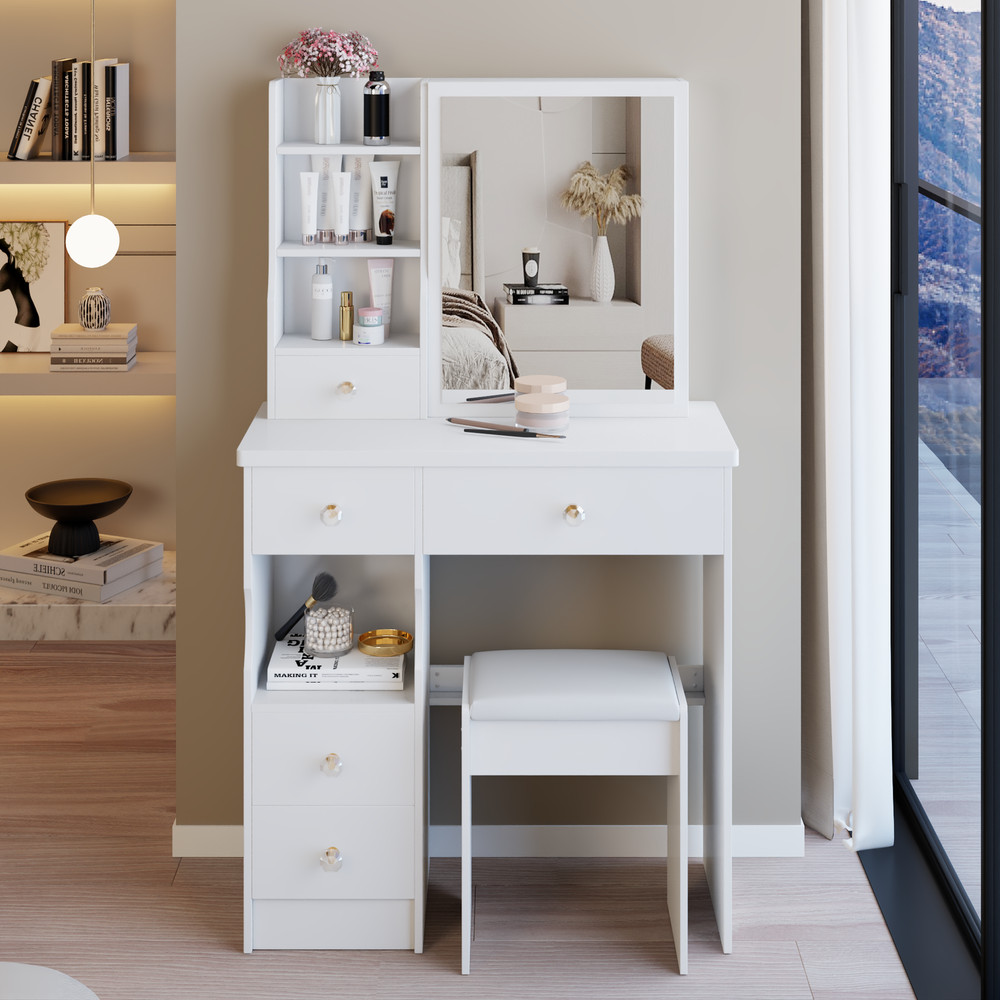 29.2" Small Space Left Drawer Desktop Vanity Table + Cushioned Stool, Extra La