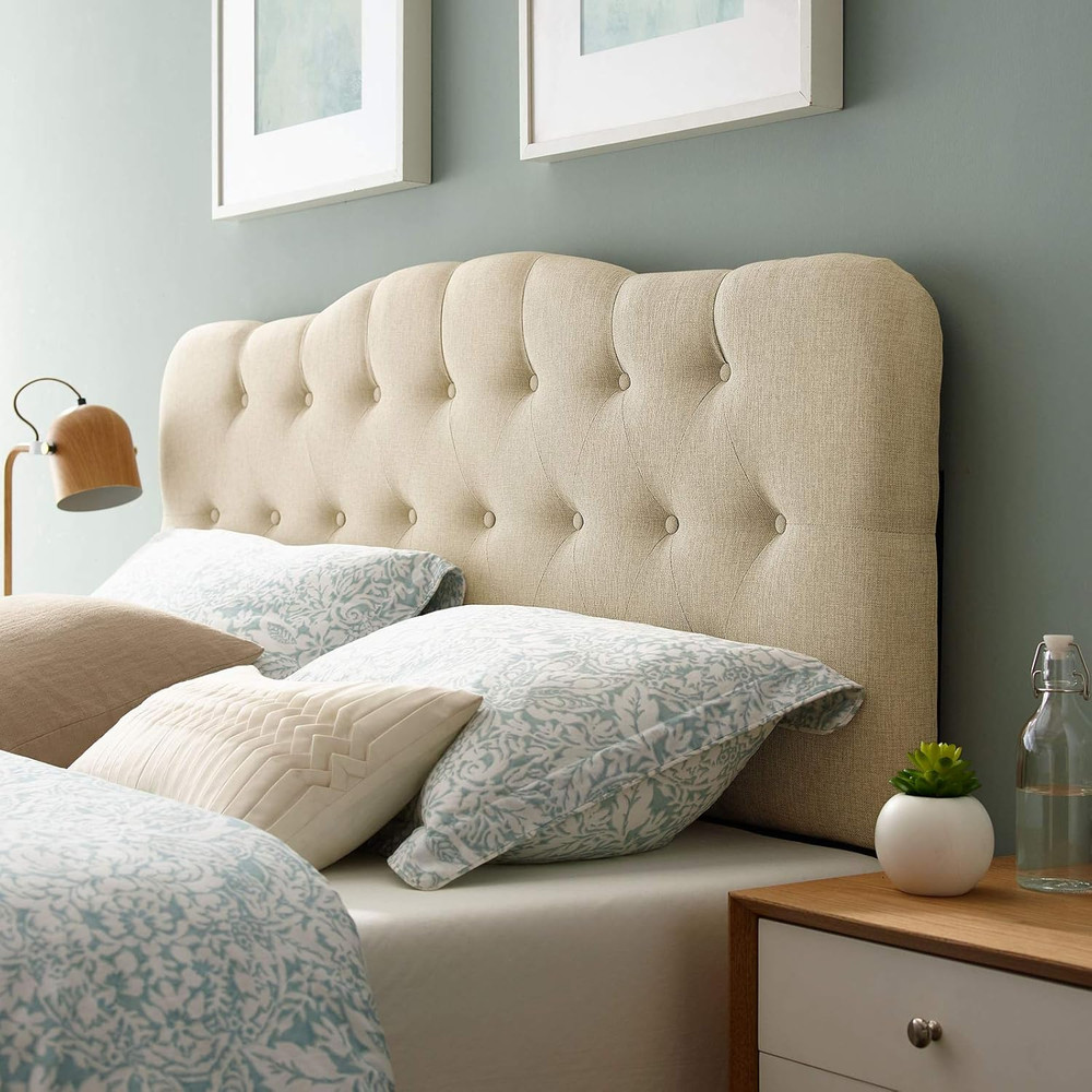 Beige Tufted Linen Queen Headboard - Elegant Upholstered Design