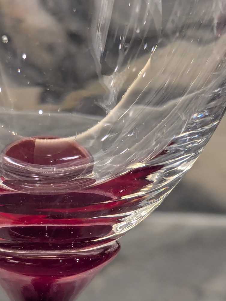 Ruby Heart Wine Glass Pair Murano Attrib. Art Glass 9” Hand Blown Ruby Amber