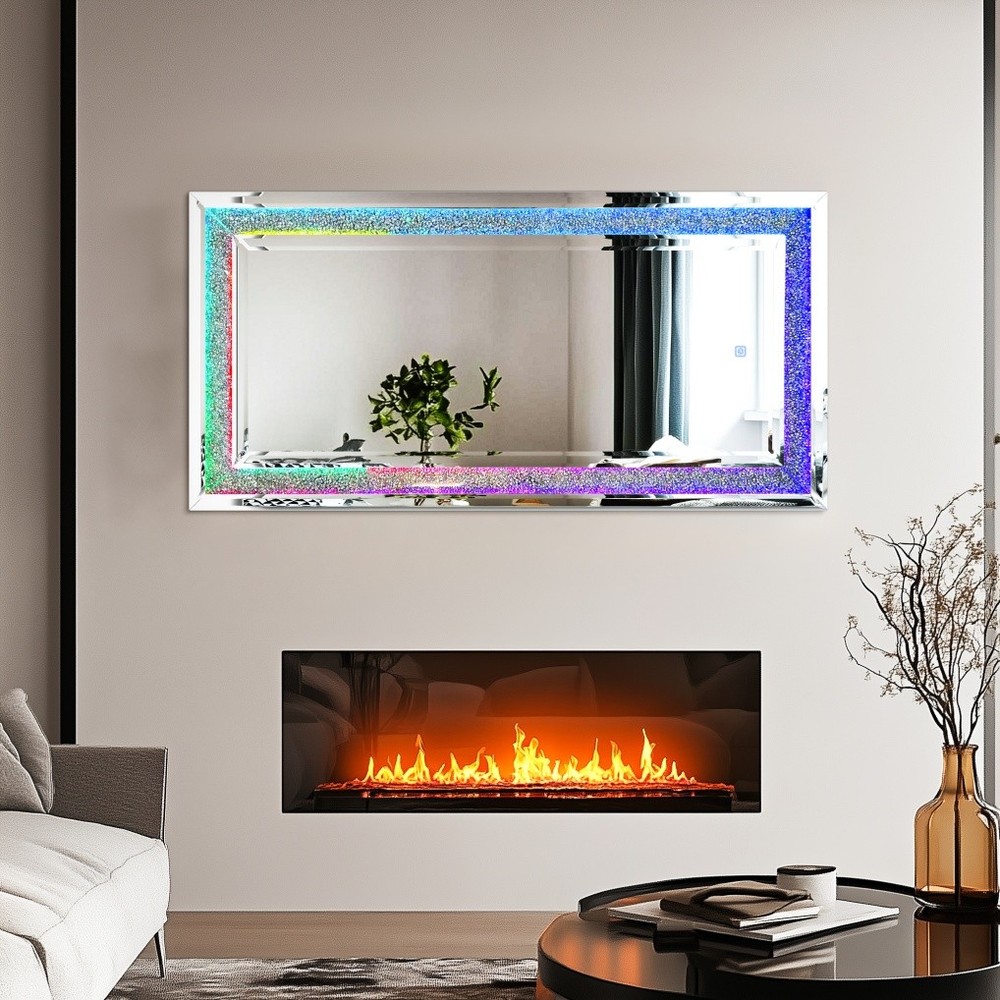 LED Crushed Diamond Mirror 48x24 inch Rectangular Crystal Vanity with RGB Lights