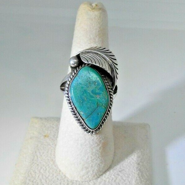 Patsy Allopowa Zuni Ring Sterling Silver Blue Green Turquoise Feather 8.5 RARE