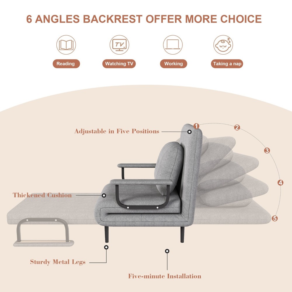 Folding Sofa Bed 5-in-1, Adjustable 5-Position Sleeper with Pillow, Space-Saving