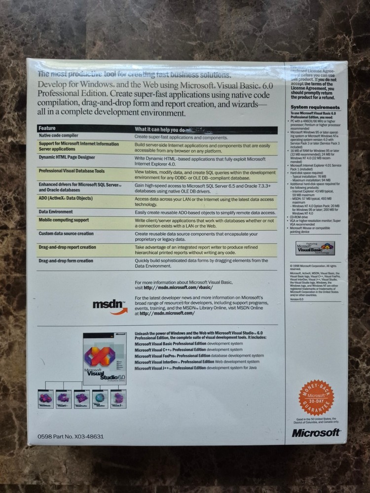 NEW SEALED Microsoft Visual Basic 6.0 Professional Pro 6 203-00506 RETAIL BOX