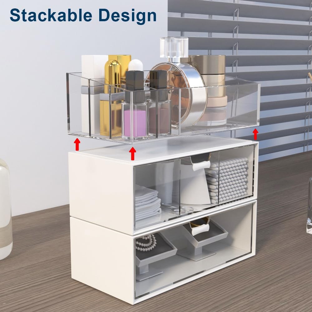 3 Pack Medicine Cabinet Organizer, Plastic Stackable Storage with 2 Drawers, ...