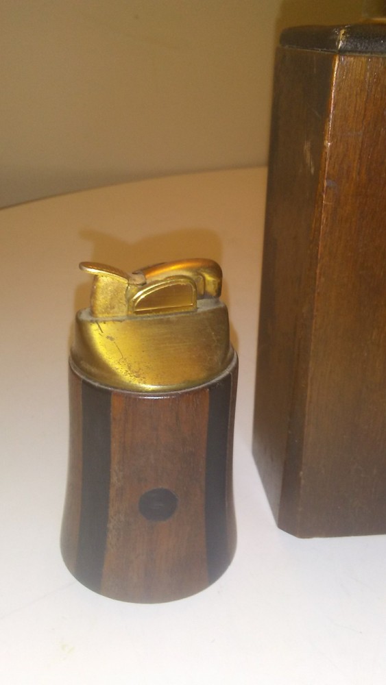 MODERNIST MCM TABLE LIGHTER PAIR WOOD LEATHER TEAK WALNUT
