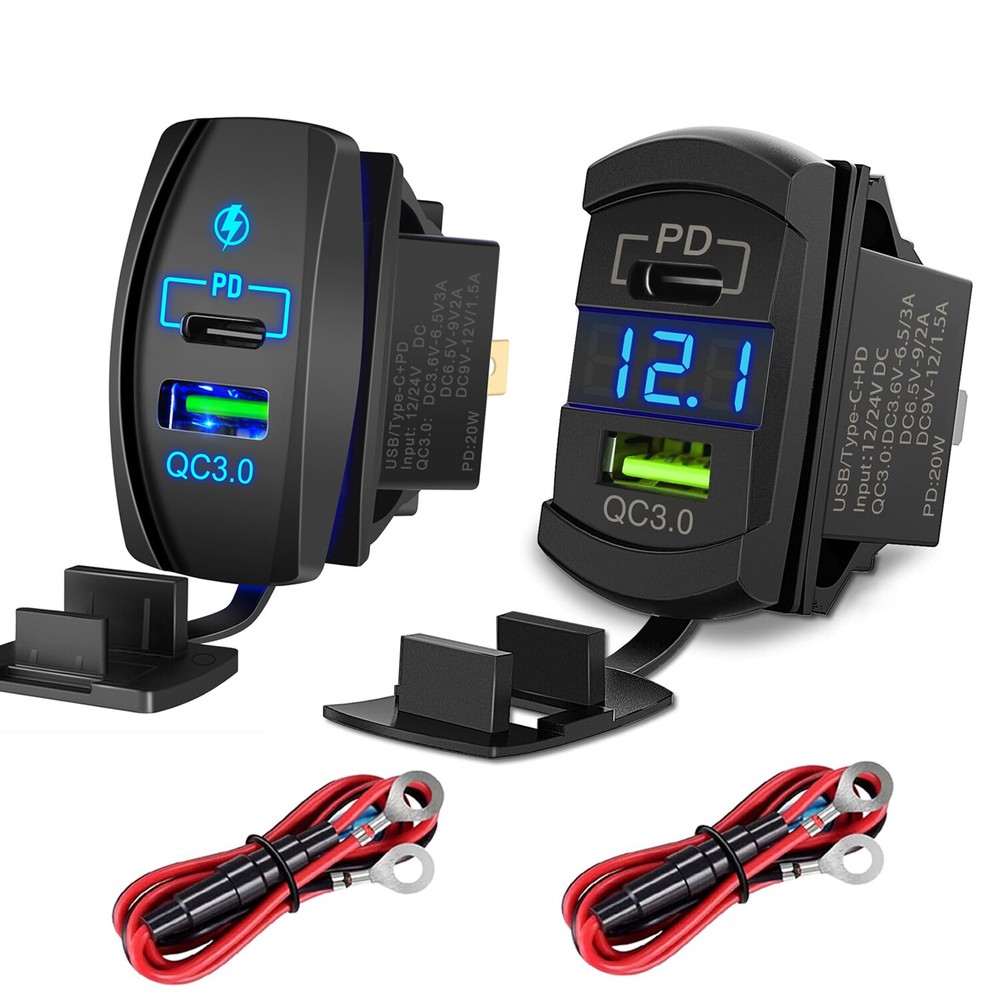 FXC Rocker Switch USB Type C Charger Socket Dual PD and QC 3.0 12V LED Voltmeter