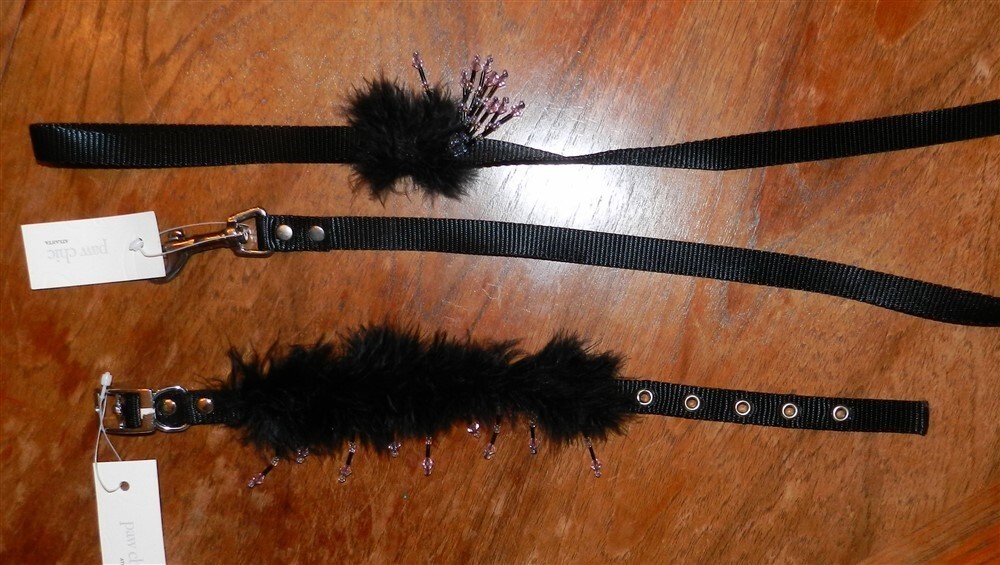 Collar and Leash Set Ganz Black Feather Dangle Dog size Medium New