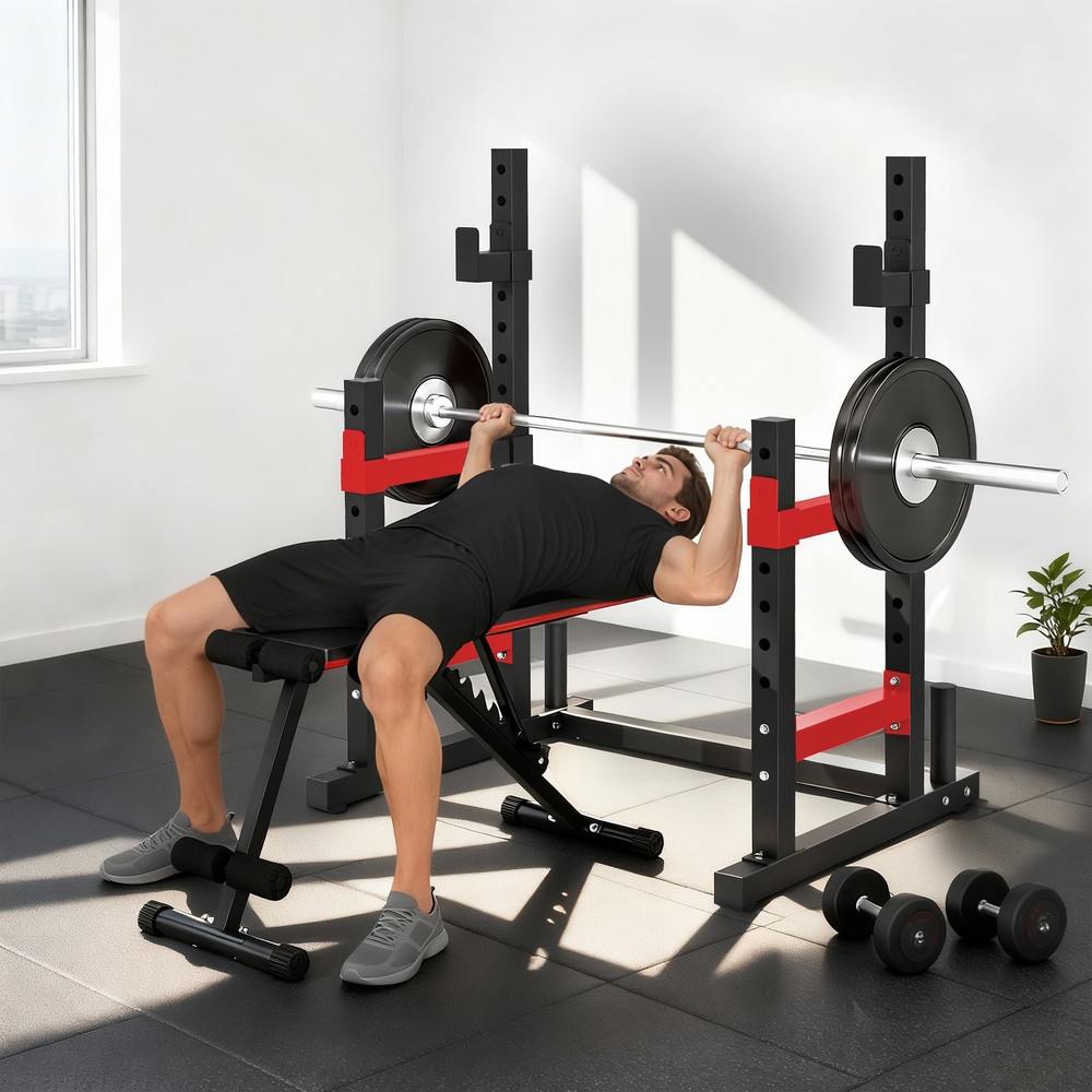 Adjustable Squat Rack, 660lbs Multi-Functional Bench Press Rack, Red