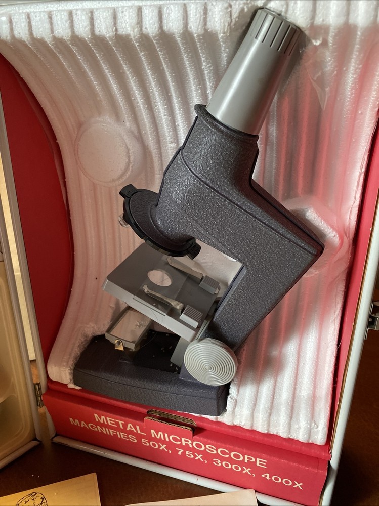 1970s Skilcraft kids microscope, metal microscope, case, instructions