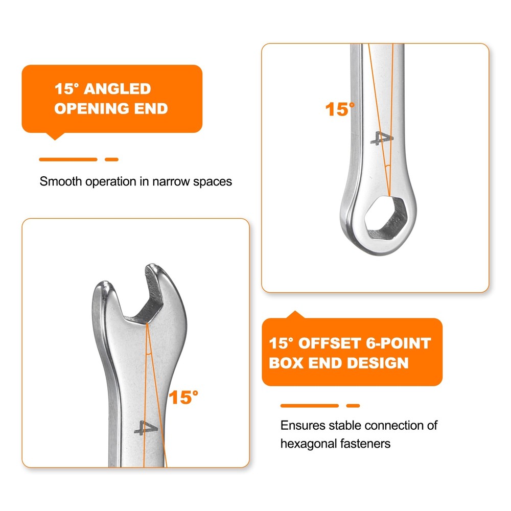 2pcs Thin Combination Wrench 4mm with 6-Point Ended 15°Angled Open End