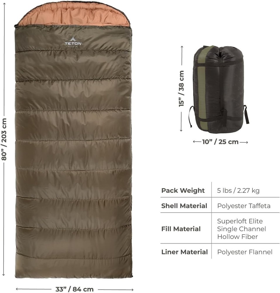 Teton Celsius Regular Rectangular Sleeping Bag 0°F - Includes Compression Sack
