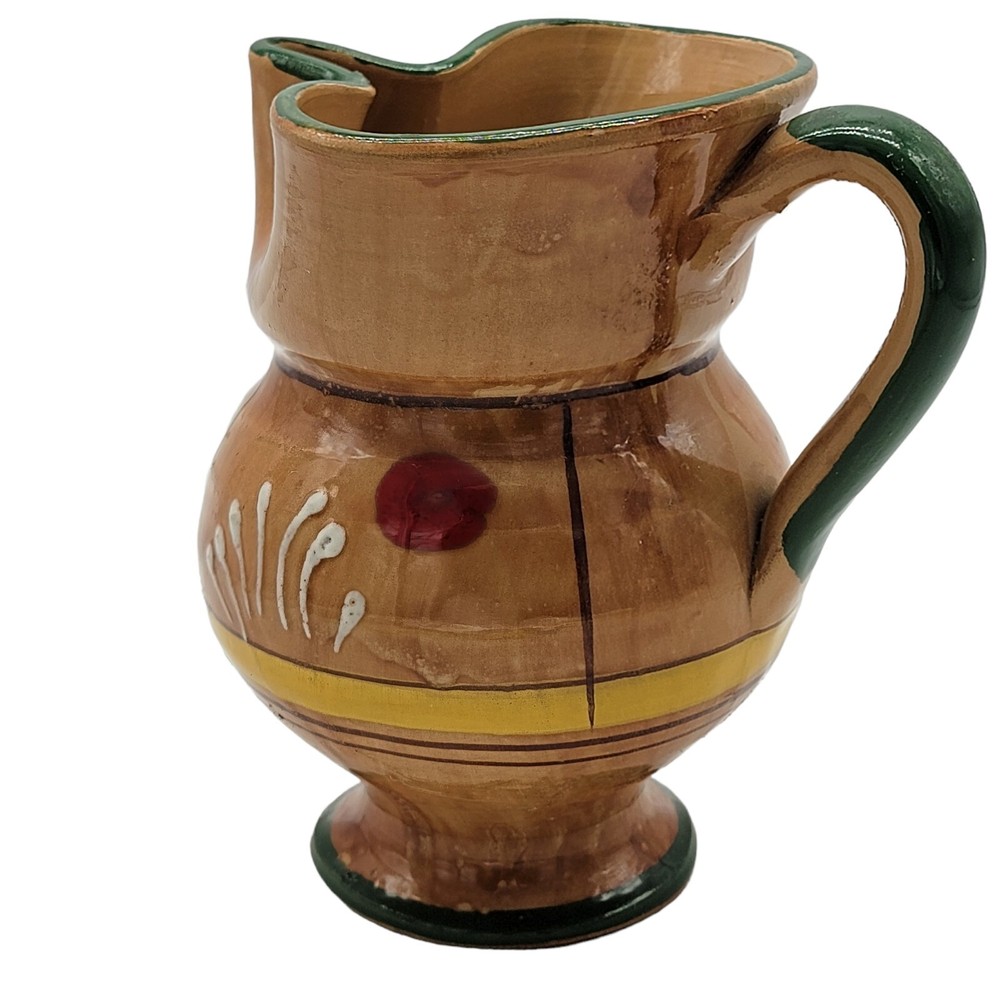 5" Brown Pottery Handled Pitcher Vase Handpainted Unsigned