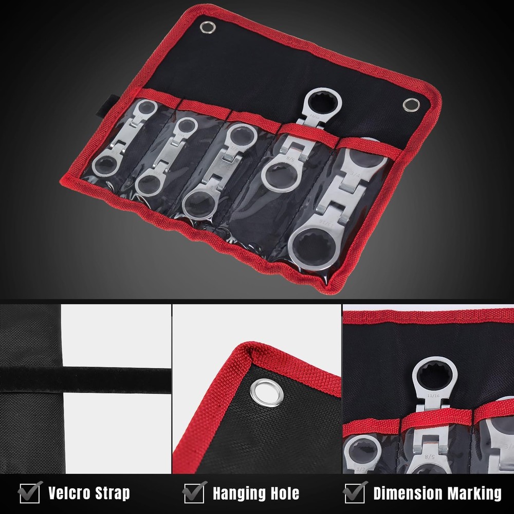 5-Piece Flex-Head Stubby Ratcheting Combination Wrench Set, Mini Double End, ...