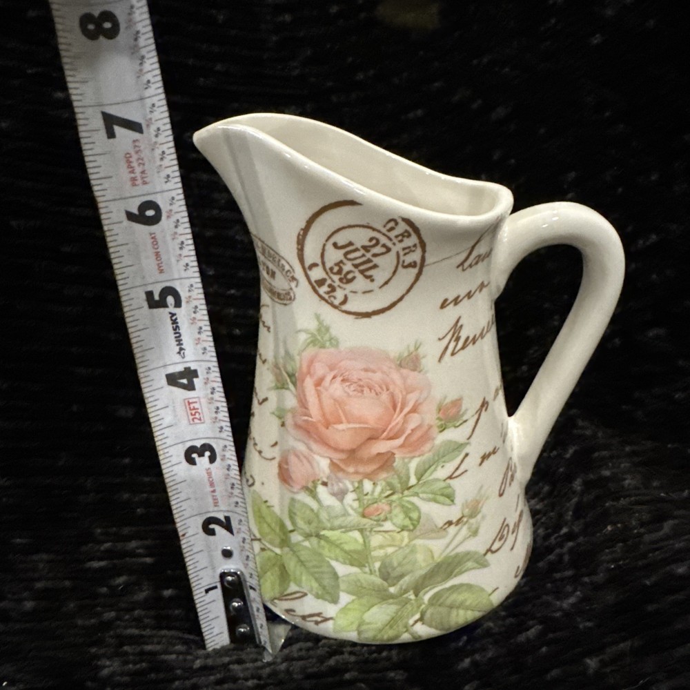 Telaflora White Ceramic Pitcher Flower Vase planter Rose & French Script pattern