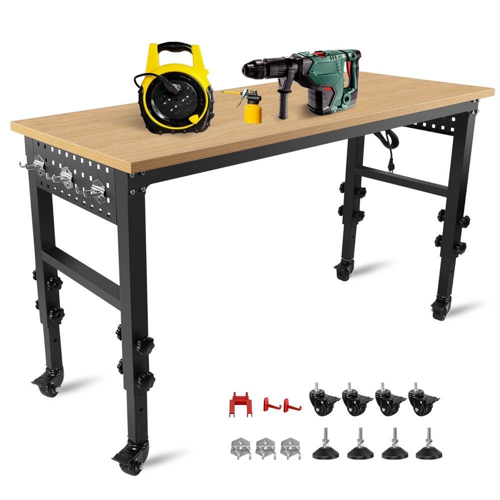 60"Rolling Adjustable Heavy Duty Workbench with Rubber Wood Top Working
