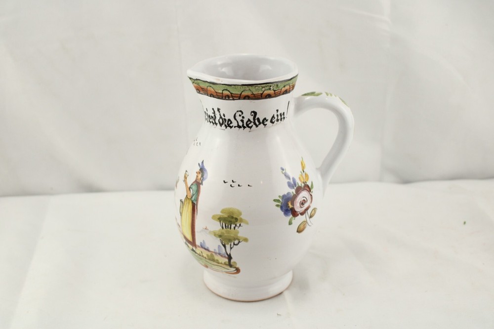 Faience Handled Pitcher German Writing Peasant Hand Painted
