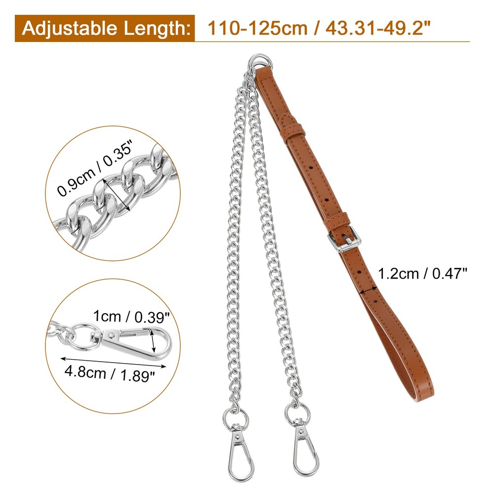 Adjustable Leather Chain Straps, 49" Purse Chain Strap (Dark Brown, Silver)
