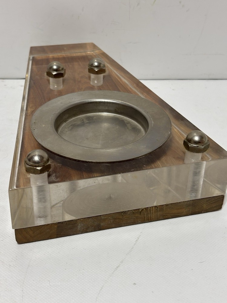 MCM Coaster Ash Tray & Table Lighter Clear Thick Plastic Teak Wood Set
