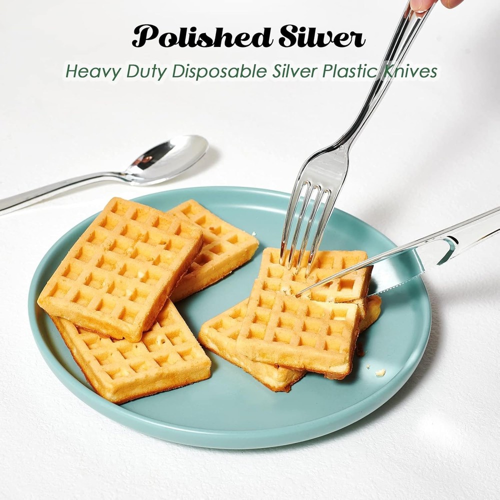 FOCUSLINE 300 Pack Disposable Silver Plastic Forks, Solid and