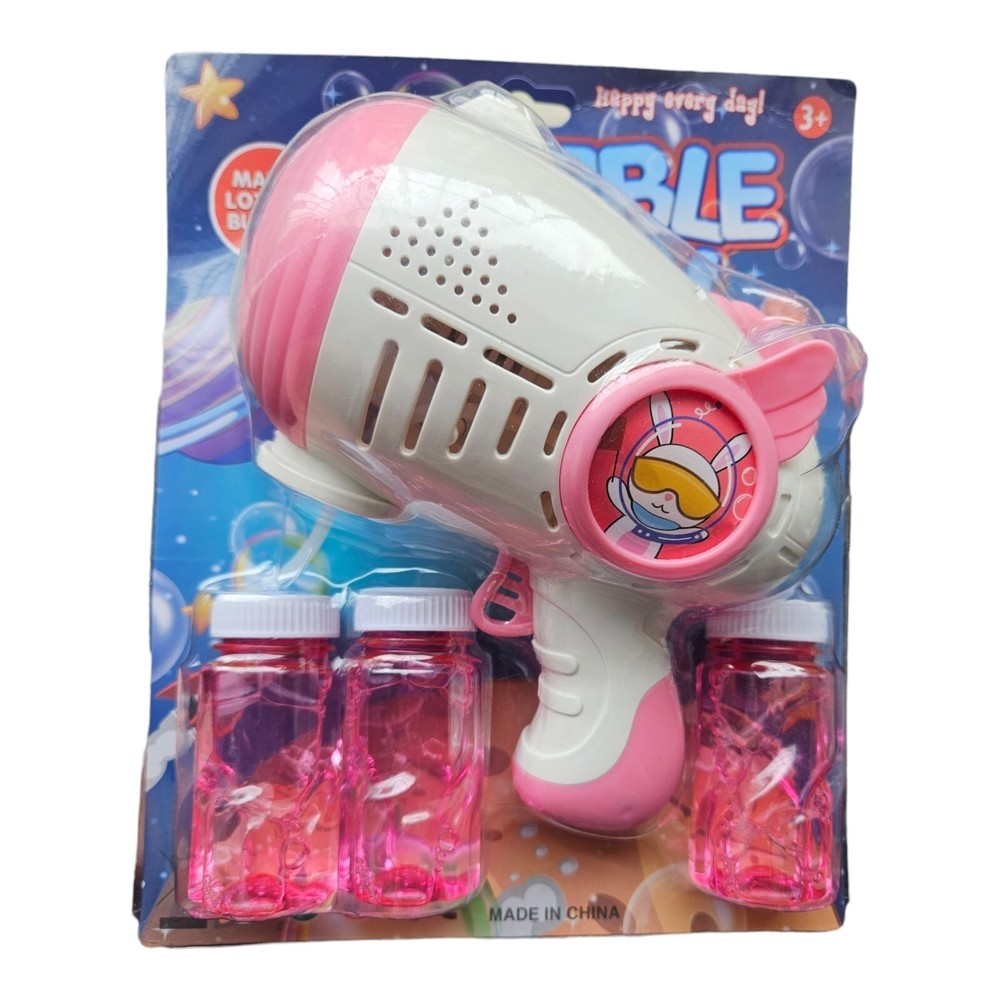 Pink Fully Automatic Bubble Gun Space Rabbit Multi Blaster Light Up Bubble Toy