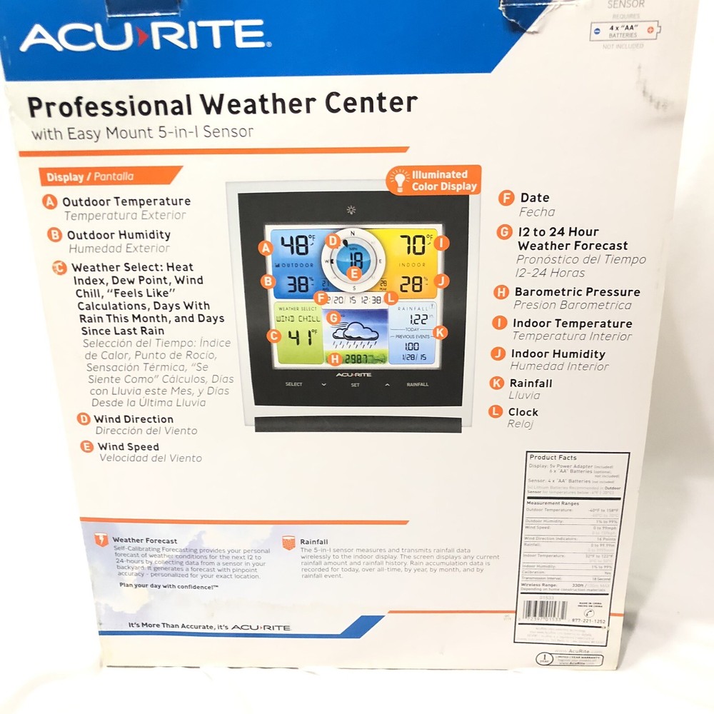 AcuRite Easy 5-in-1 PRO Weather Station Wireless Sensor Model 01533 Display Box
