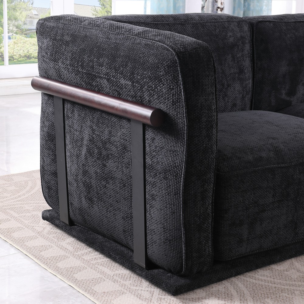 120 Inch Black Chenille Modular Sectional Sofa, Square Arms, Split Back, Modern