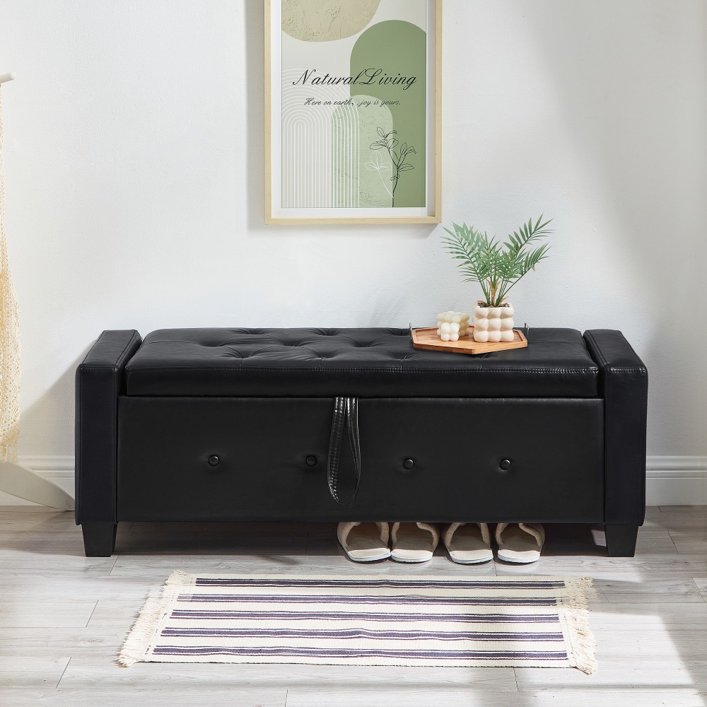 48-inch Storage Stool W Storage Function Faux Leather Quilted Upholstered Stool