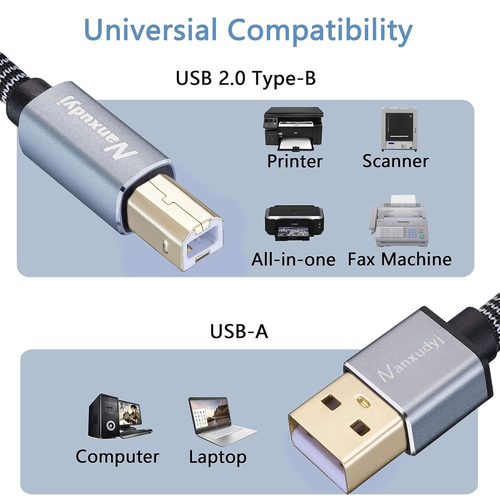 Printer Cable 3ft,USB Braid USB 2.0 Type A Male to B 3ft/1m
