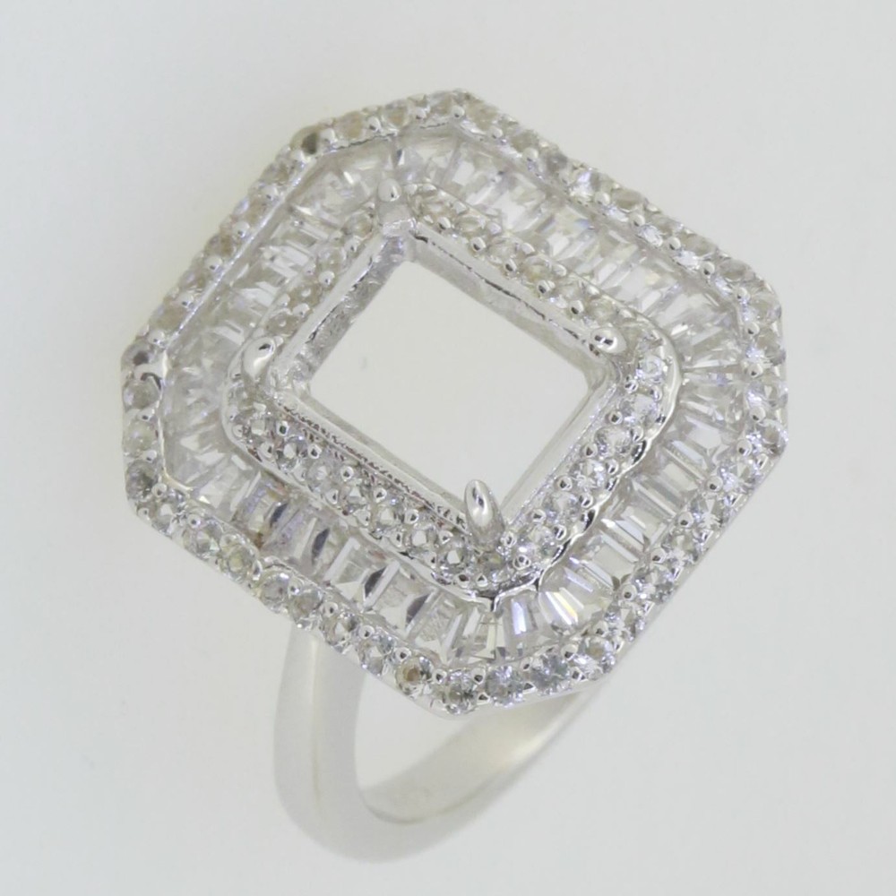 Sterling Silver Semi Mount Ring Setting Emerald OCT 9X7mm White Topaz