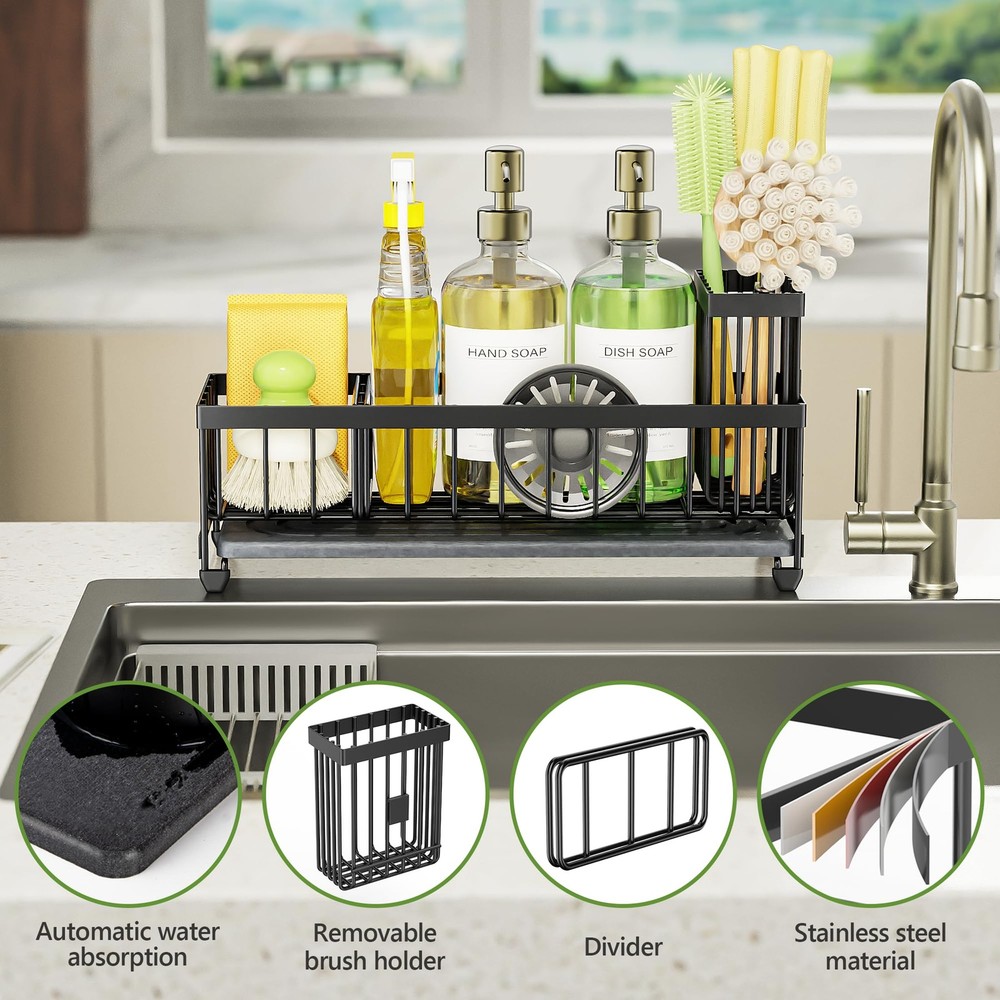 Cisily Extra Large Sink Caddy Organizer with Drying Stone, Black Large,