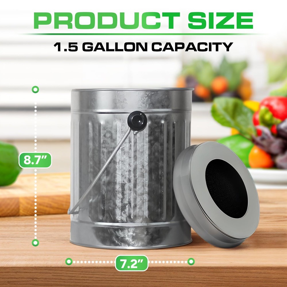 Countertop Compost Bin with Lid Silver 1.5 Gallon Odorless Kitchen Compost Co...